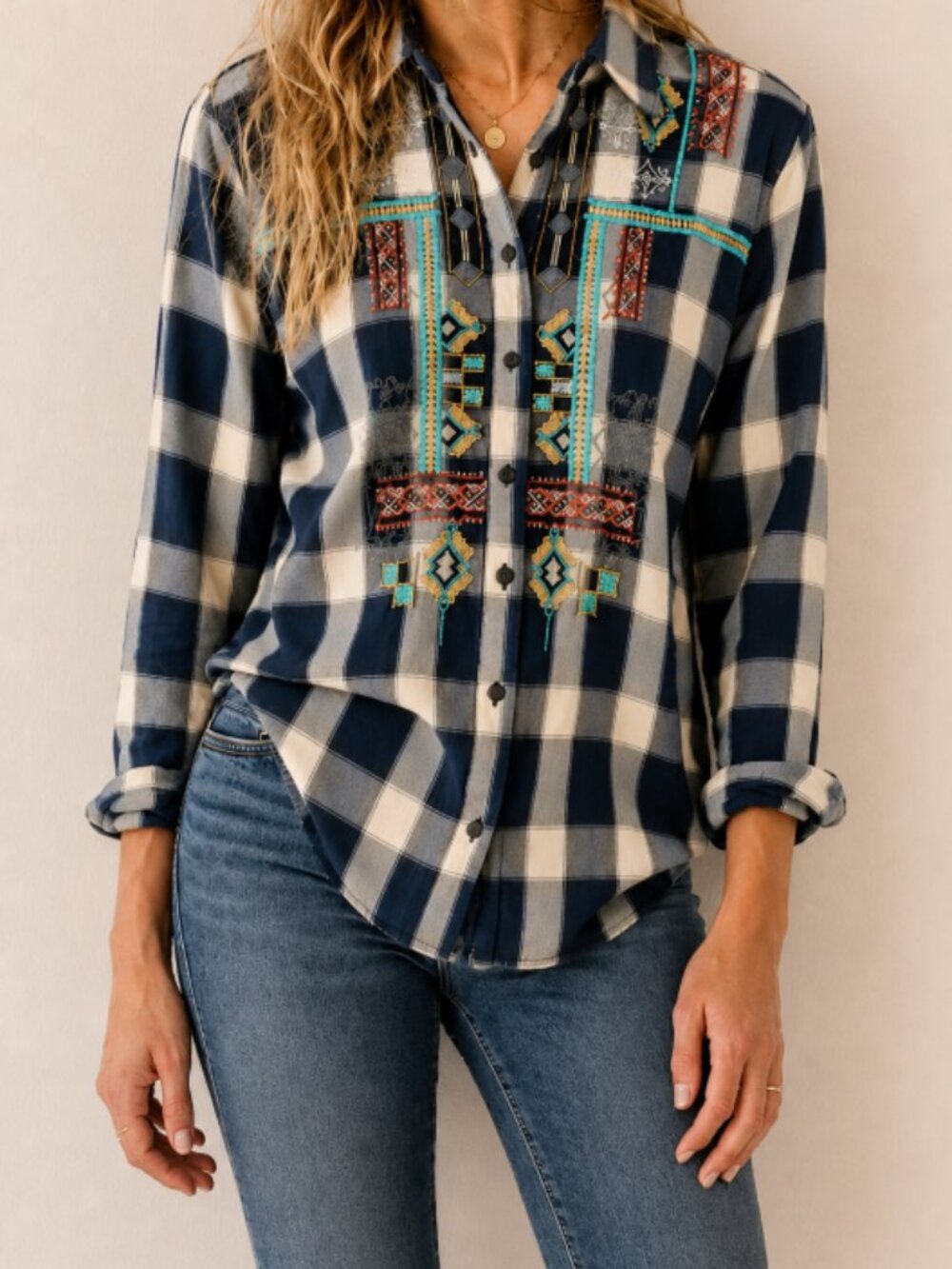 Paparazzi Boho Southwest Embroidered Button Up Velvet Plaid Shirt Size Medium